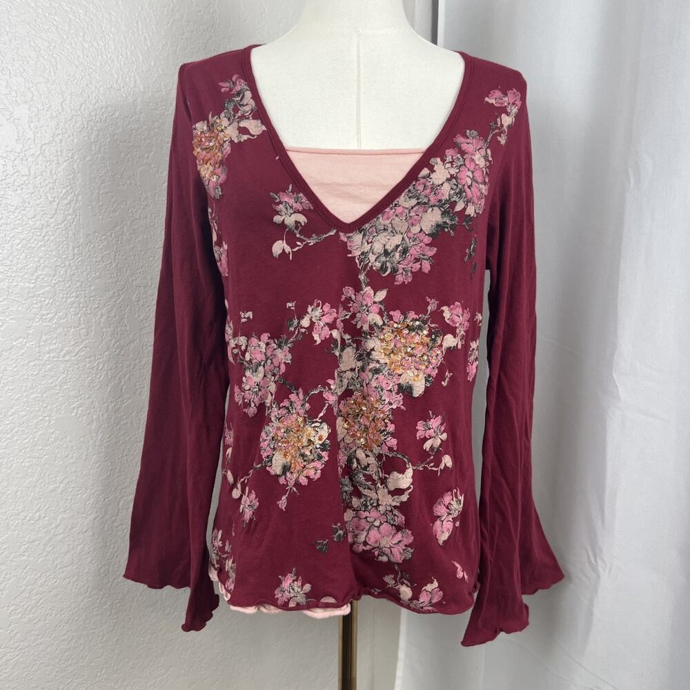 VTG Eyeshadow Top Juniors 1X Red Floral Lettuce Hem Flared Sleeve Fairy Y2K